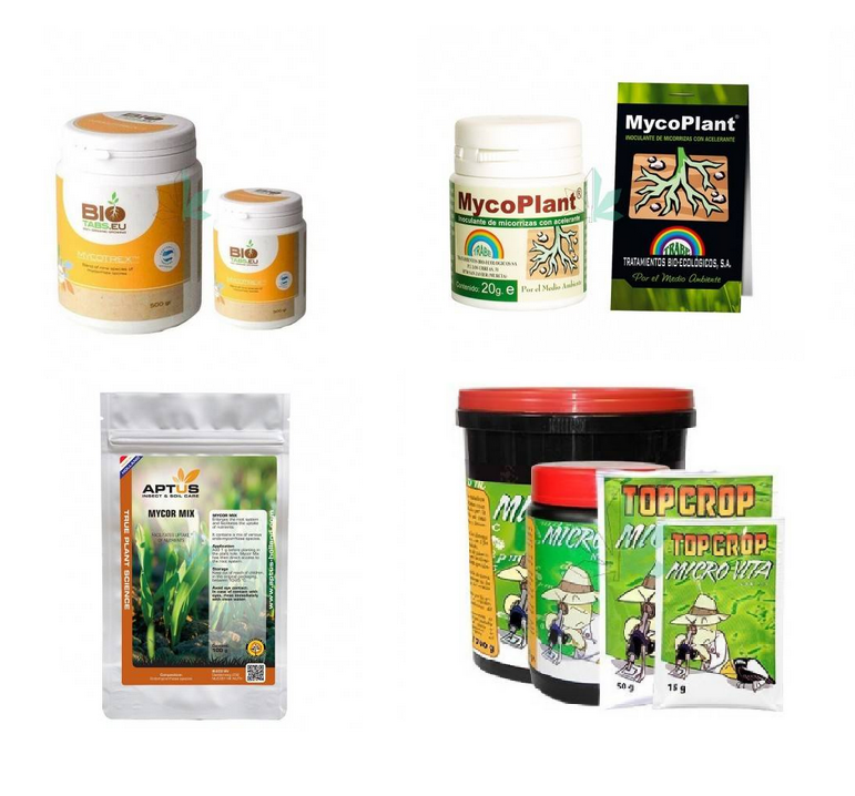 Diferentes productos comerciales con micorrizas para las plantas