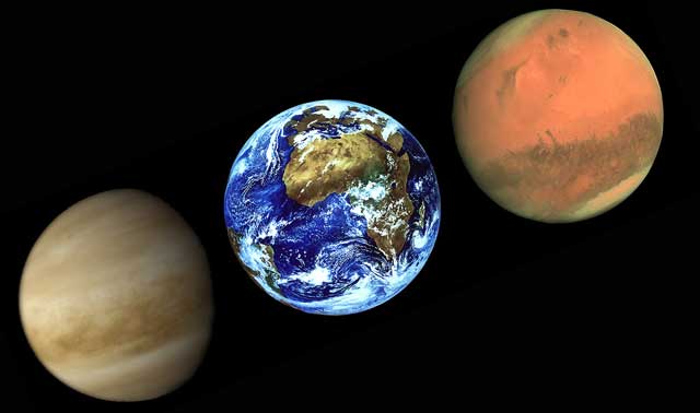 Los planetas Venus, Tierra y Marte